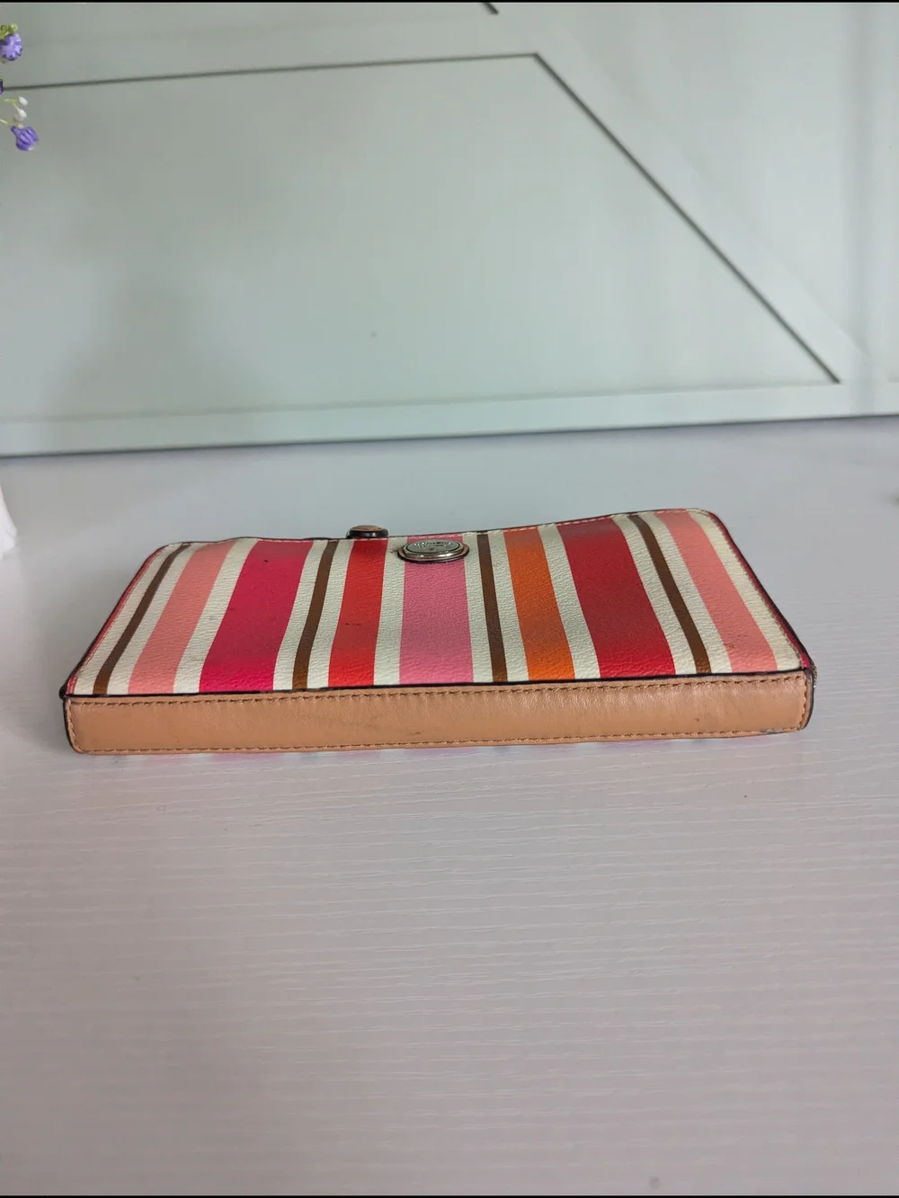 Coach Striped Zip Wallet in Pink, Red, Orange, Brown